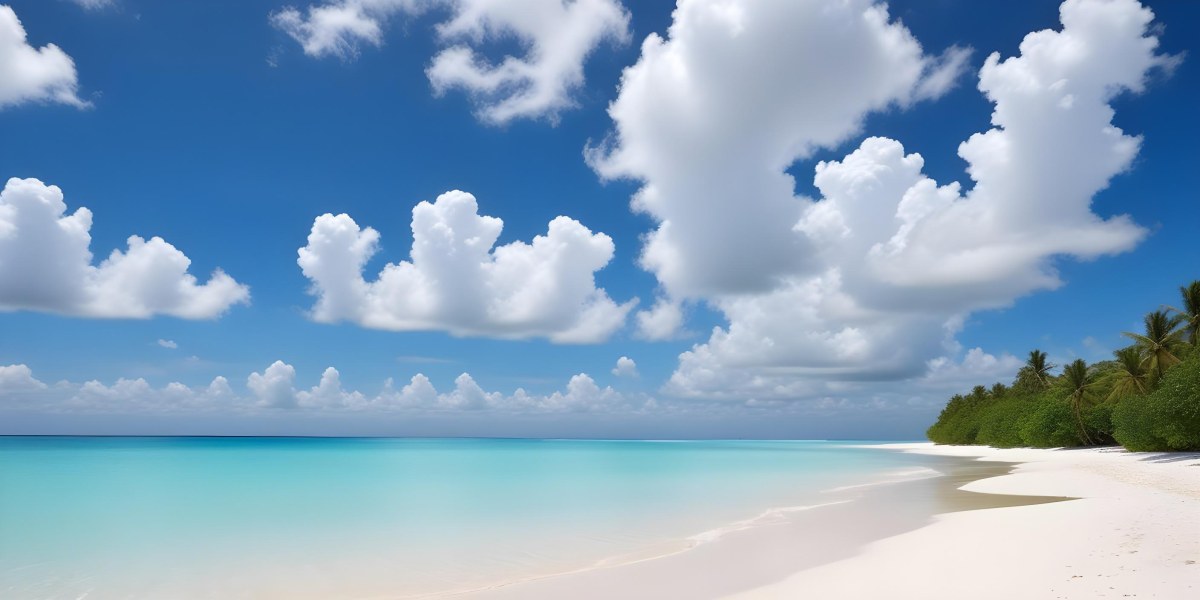 A Tropical Beach With White Sand Turquoise Water And A Clear Blue Sky With Fluffy White Clouds 7 3db5