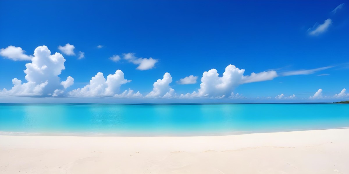 A Tropical Beach With White Sand Turquoise Water And A Clear Blue Sky With Fluffy White Clouds 8 Fb38