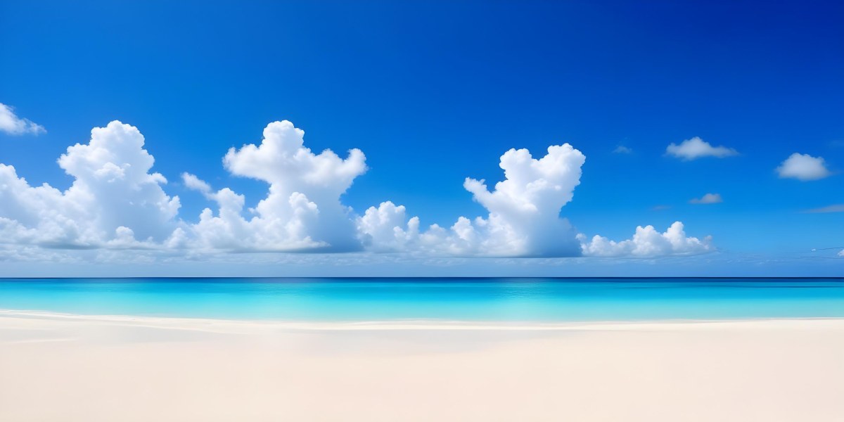 A Tropical Beach With White Sand Turquoise Water And A Clear Blue Sky With Fluffy White Clouds 9 A02d