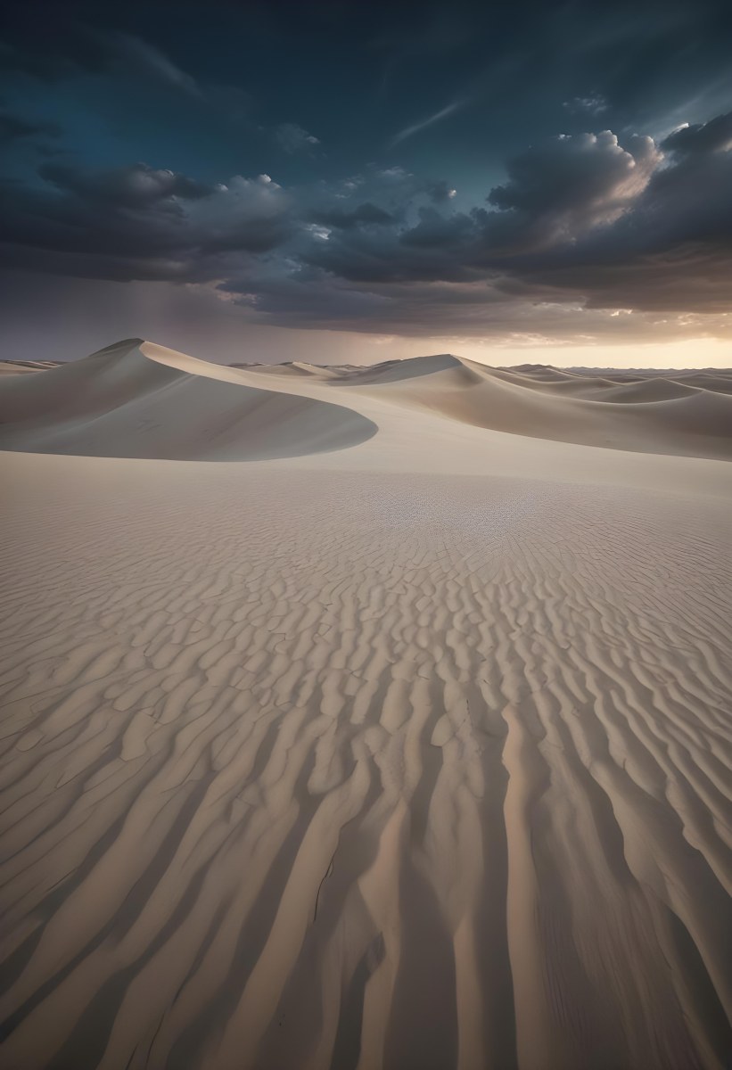 A Vast Desert Landscape With Rippled Sand Dunes Stretching Out Under A Dramatic Cloudy Sky 12 7f0b