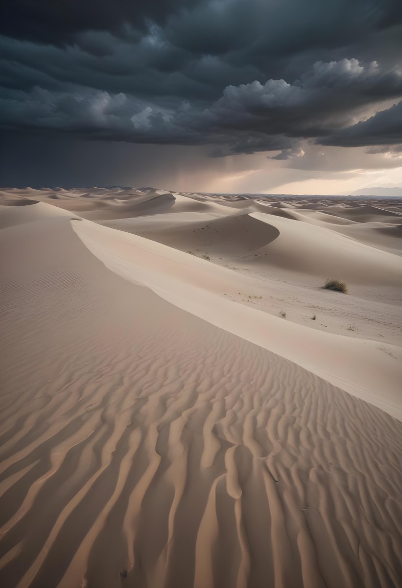 A Vast Desert Landscape With Rippled Sand Dunes Stretching Out Under A Dramatic Cloudy Sky 15 E264