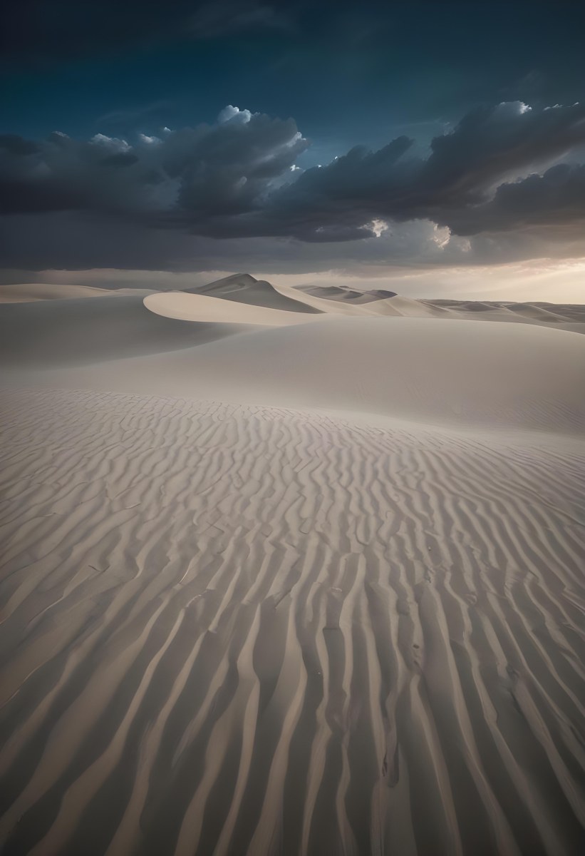 A Vast Desert Landscape With Rippled Sand Dunes Stretching Out Under A Dramatic Cloudy Sky 16 Af5e