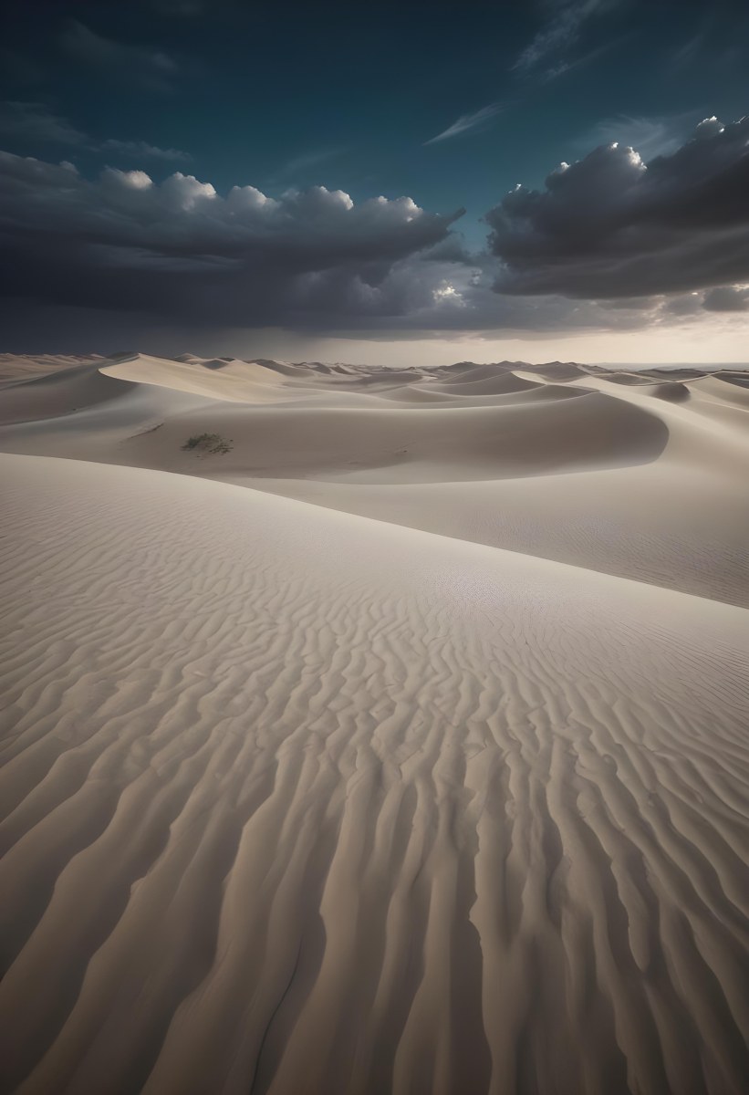 A Vast Desert Landscape With Rippled Sand Dunes Stretching Out Under A Dramatic Cloudy Sky 19 5959