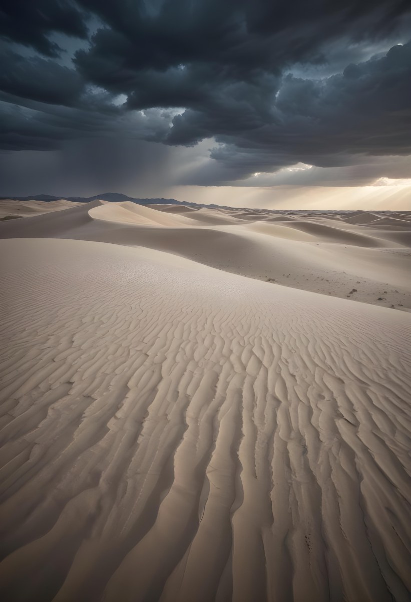 A Vast Desert Landscape With Rippled Sand Dunes Stretching Out Under A Dramatic Cloudy Sky 2 4157