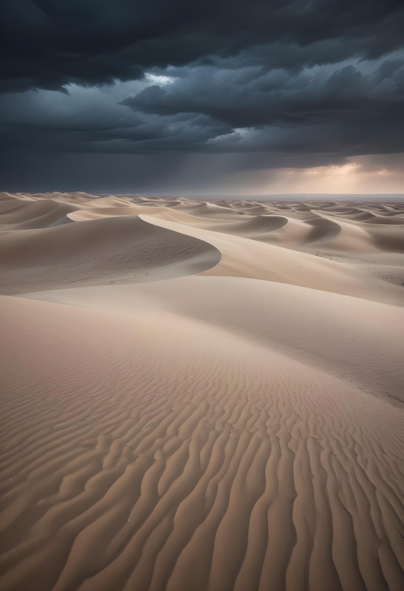A Vast Desert Landscape With Rippled Sand Dunes Stretching Out Under A Dramatic Cloudy Sky 20 9b79