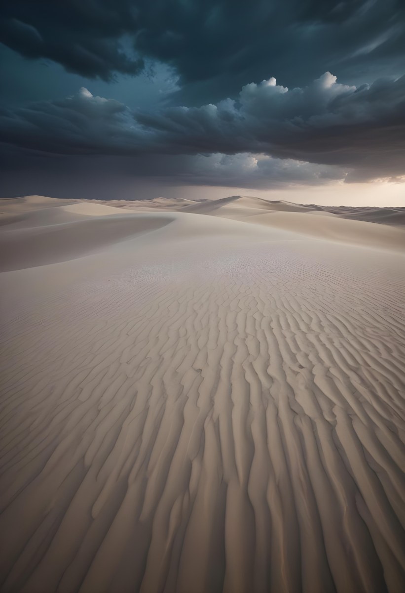 A Vast Desert Landscape With Rippled Sand Dunes Stretching Out Under A Dramatic Cloudy Sky 21 3c1b