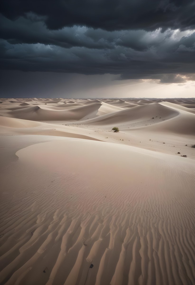 A Vast Desert Landscape With Rippled Sand Dunes Stretching Out Under A Dramatic Cloudy Sky 22 A9fa