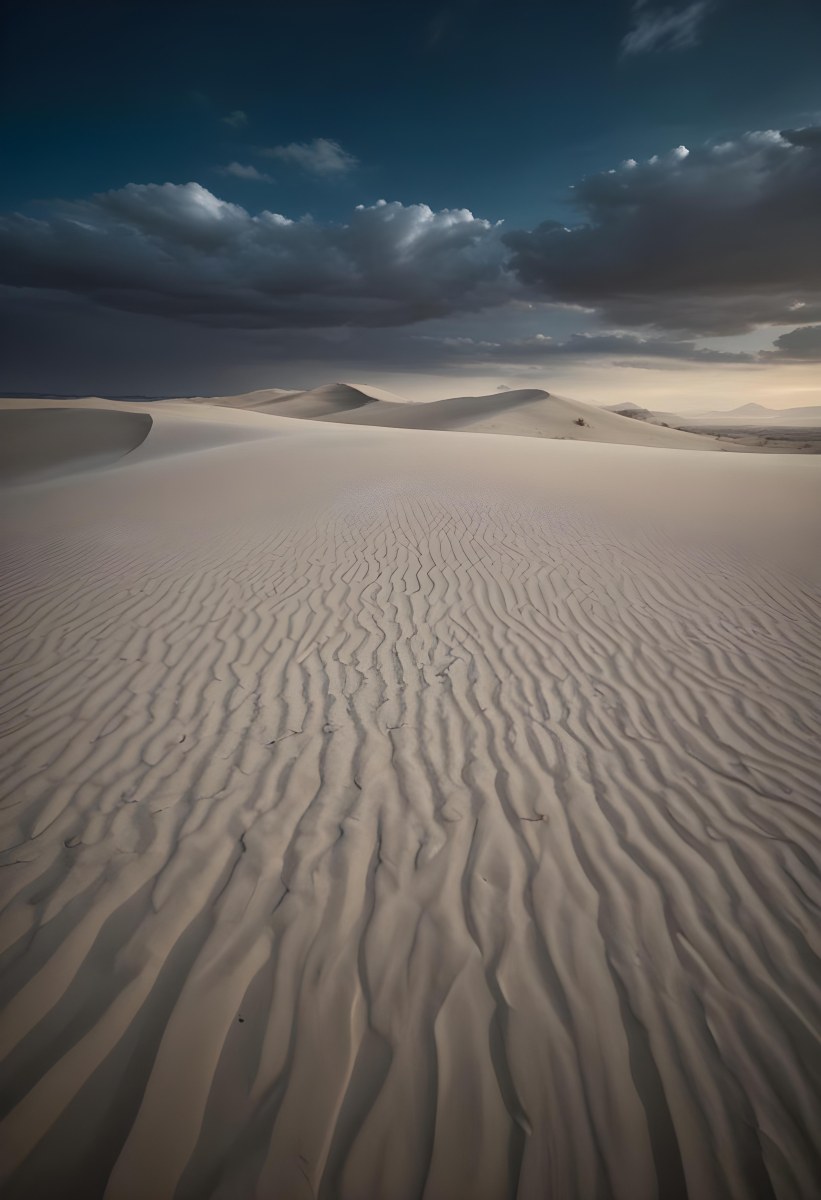 A Vast Desert Landscape With Rippled Sand Dunes Stretching Out Under A Dramatic Cloudy Sky 23 973b