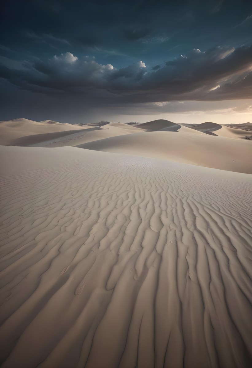 A Vast Desert Landscape With Rippled Sand Dunes Stretching Out Under A Dramatic Cloudy Sky 24 Bda0