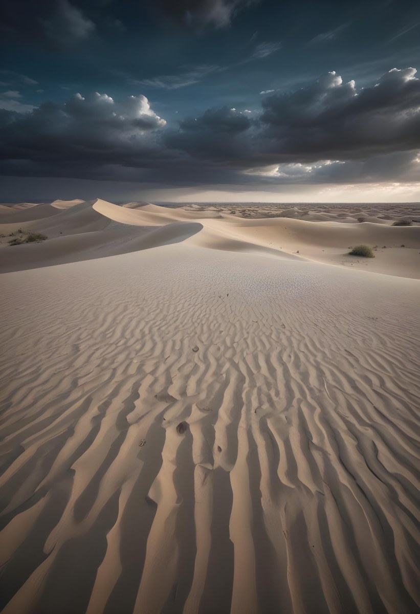 A Vast Desert Landscape With Rippled Sand Dunes Stretching Out Under A Dramatic Cloudy Sky 3 B051