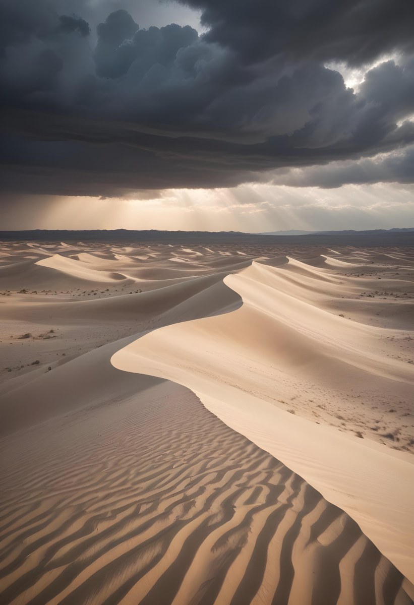 A Vast Desert Landscape With Rippled Sand Dunes Stretching Out Under A Dramatic Cloudy Sky 4 Ad9c