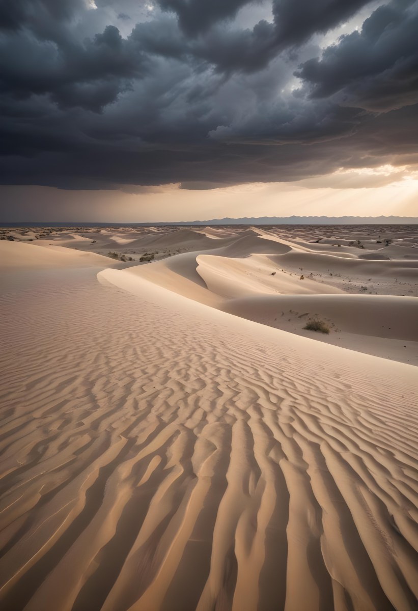 A Vast Desert Landscape With Rippled Sand Dunes Stretching Out Under A Dramatic Cloudy Sky 5 9005