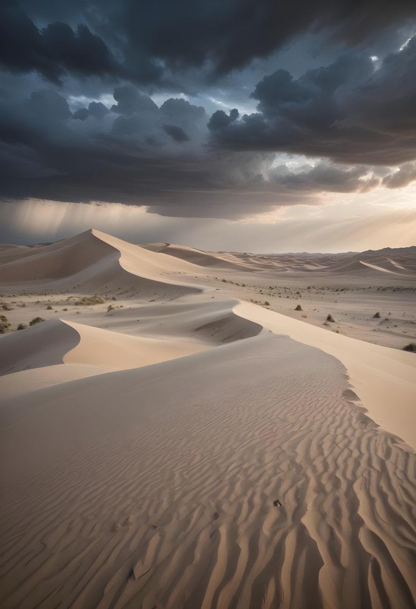 A Vast Desert Landscape With Rippled Sand Dunes Stretching Out Under A Dramatic Cloudy Sky 6 D217