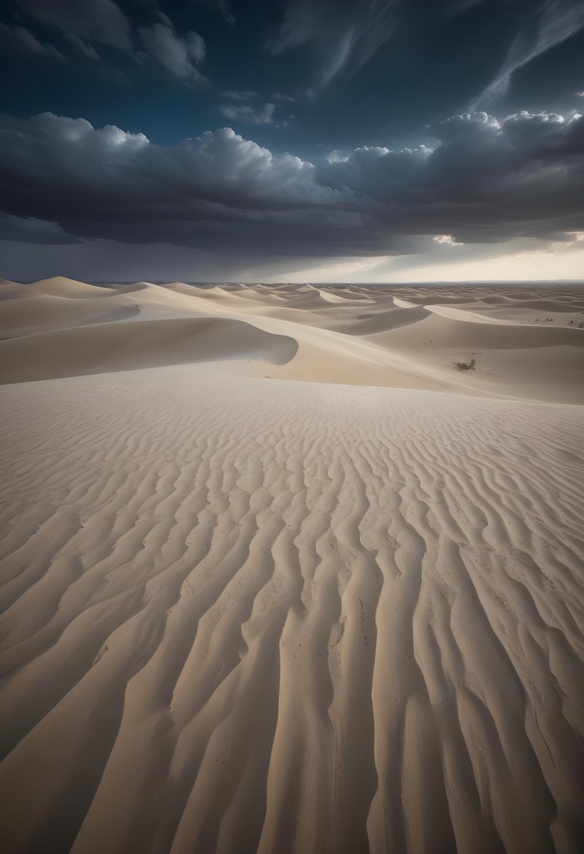 A Vast Desert Landscape With Rippled Sand Dunes Stretching Out Under A Dramatic Cloudy Sky 7 7b12