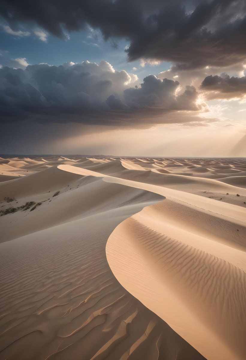 A Vast Desert Landscape With Rippled Sand Dunes Stretching Out Under A Dramatic Cloudy Sky 8 0d17