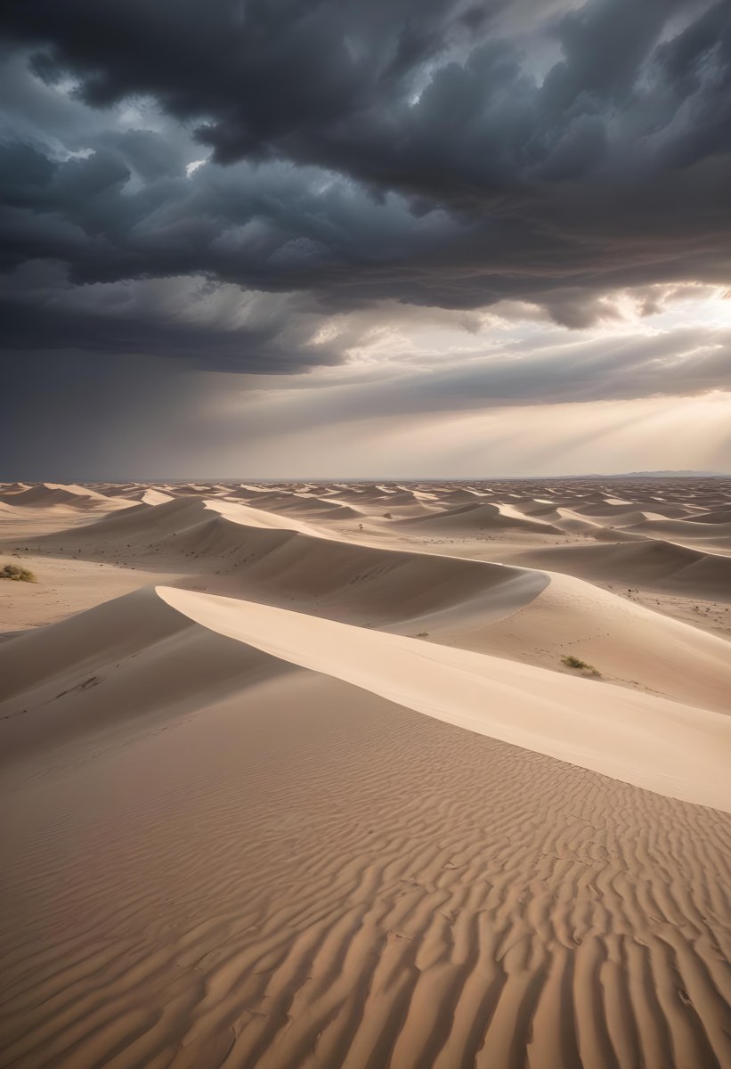 A Vast Desert Landscape With Rippled Sand Dunes Stretching Out Under A Dramatic Cloudy Sky 9 7da5