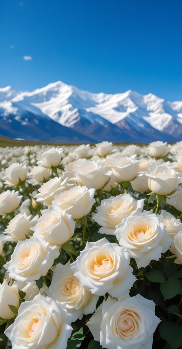 A Vast Field Of White Roses Under A Bright Blue Sky With Fluffy White Clouds In The Background Snow Capped Mountains Are Visible Creating A Picturesque Landscape Filled With Blooming Flowers 14 B94c