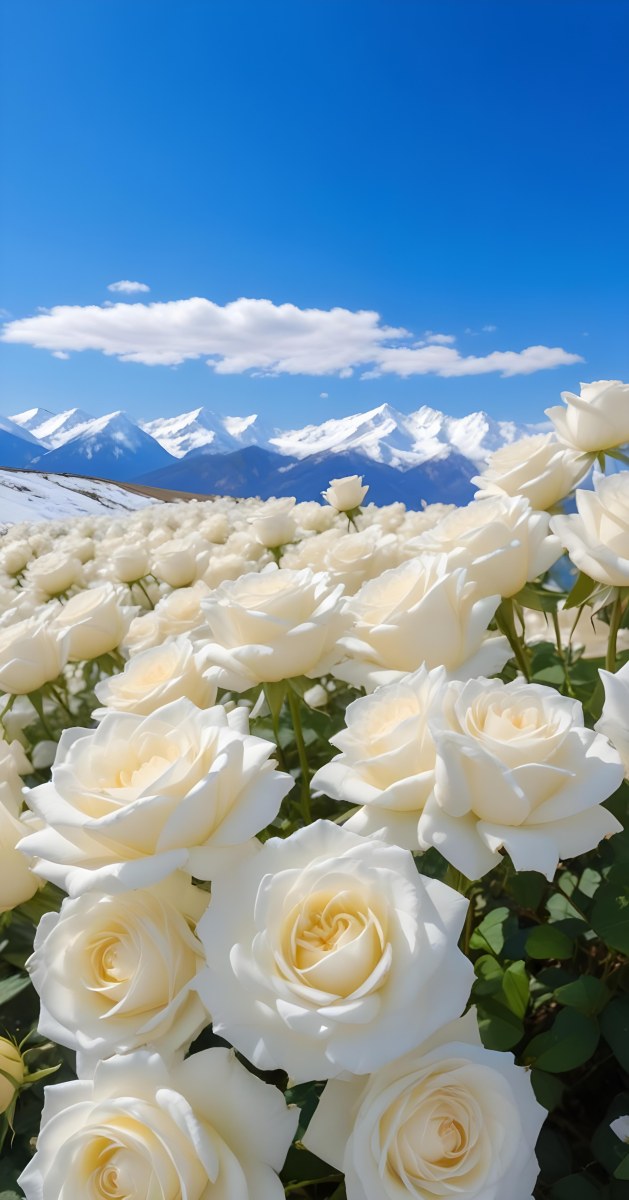 A Vast Field Of White Roses Under A Bright Blue Sky With Fluffy White Clouds In The Background Snow Capped Mountains Are Visible Creating A Picturesque Landscape Filled With Blooming Flowers 16 Ce2f