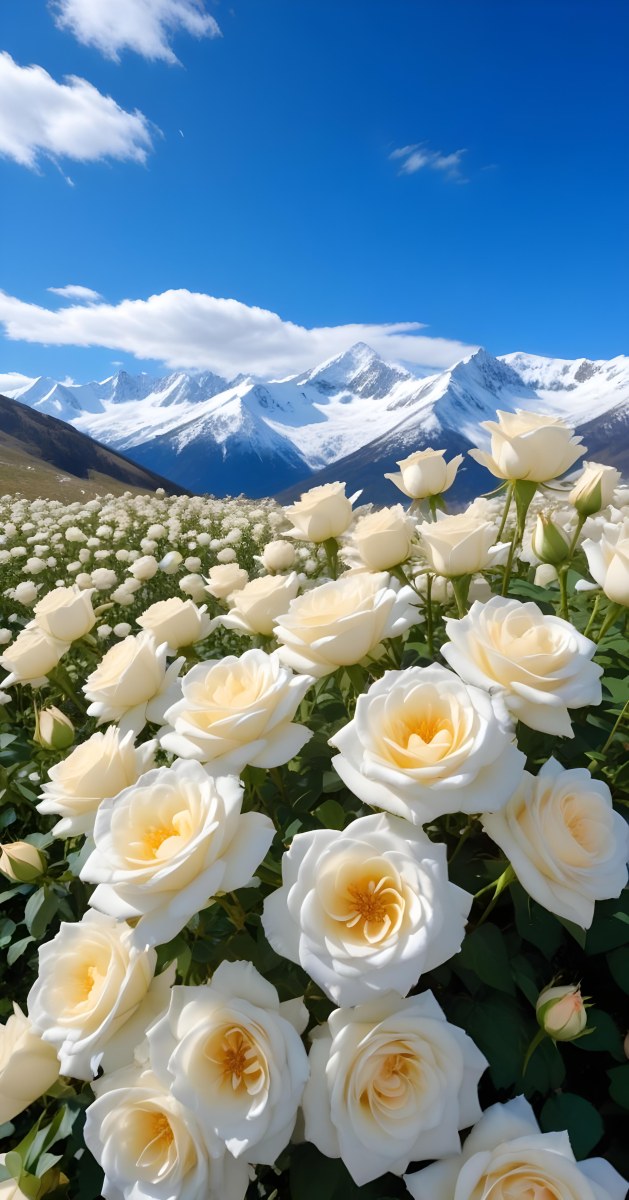 A Vast Field Of White Roses Under A Bright Blue Sky With Fluffy White Clouds In The Background Snow Capped Mountains Are Visible Creating A Picturesque Landscape Filled With Blooming Flowers 17 E891