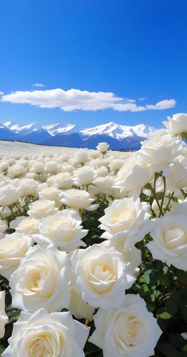 A Vast Field Of White Roses Under A Bright Blue Sky With Fluffy White Clouds In The Background Snow Capped Mountains Are Visible Creating A Picturesque Landscape Filled With Blooming Flowers 20 57b6