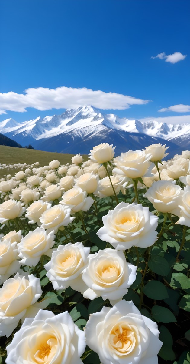 A Vast Field Of White Roses Under A Bright Blue Sky With Fluffy White Clouds In The Background Snow Capped Mountains Are Visible Creating A Picturesque Landscape Filled With Blooming Flowers 21 8c36
