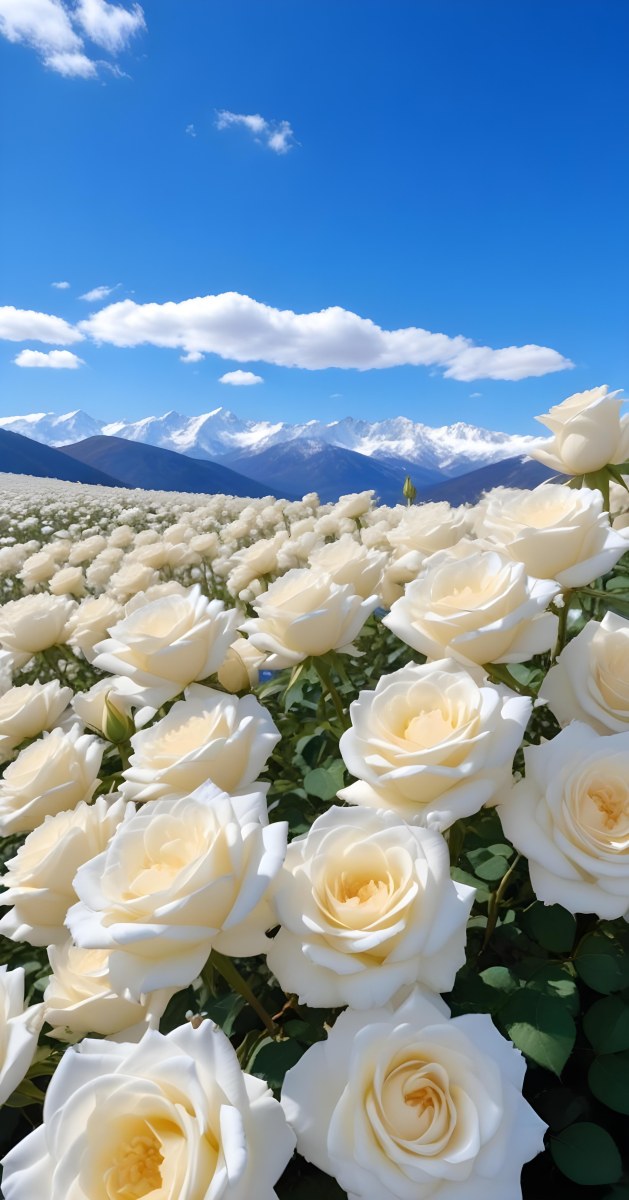 A Vast Field Of White Roses Under A Bright Blue Sky With Fluffy White Clouds In The Background Snow Capped Mountains Are Visible Creating A Picturesque Landscape Filled With Blooming Flowers 22 093e