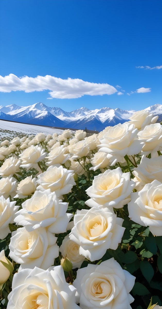 A Vast Field Of White Roses Under A Bright Blue Sky With Fluffy White Clouds In The Background Snow Capped Mountains Are Visible Creating A Picturesque Landscape Filled With Blooming Flowers 23 33d3
