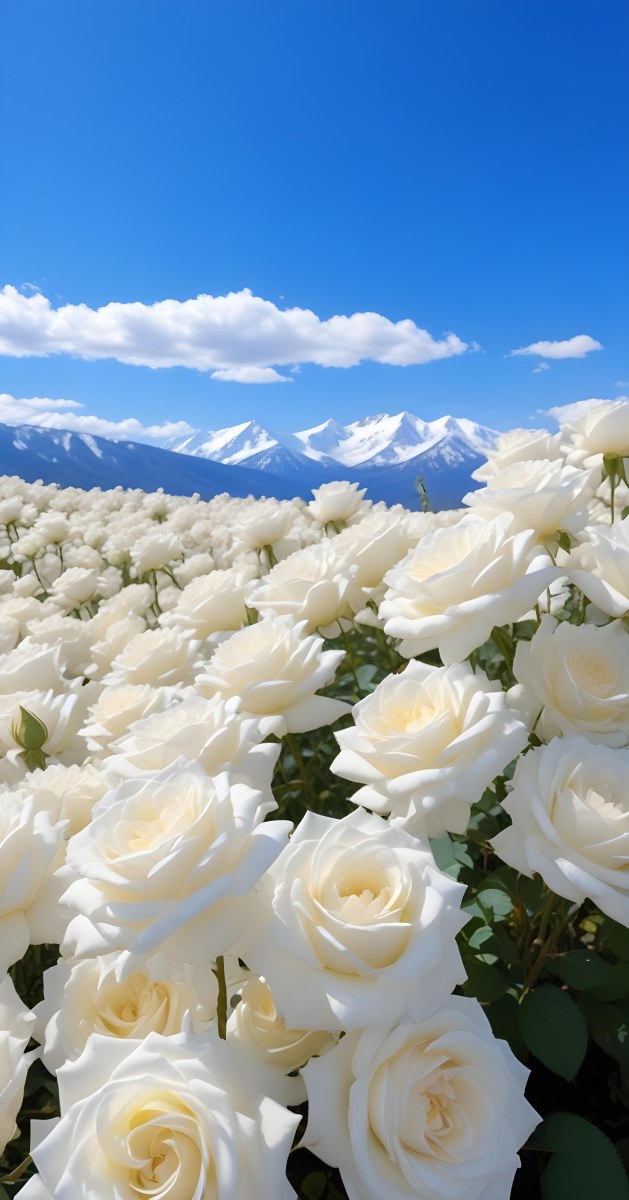 A Vast Field Of White Roses Under A Bright Blue Sky With Fluffy White Clouds In The Background Snow Capped Mountains Are Visible Creating A Picturesque Landscape Filled With Blooming Flowers 24 D3ac