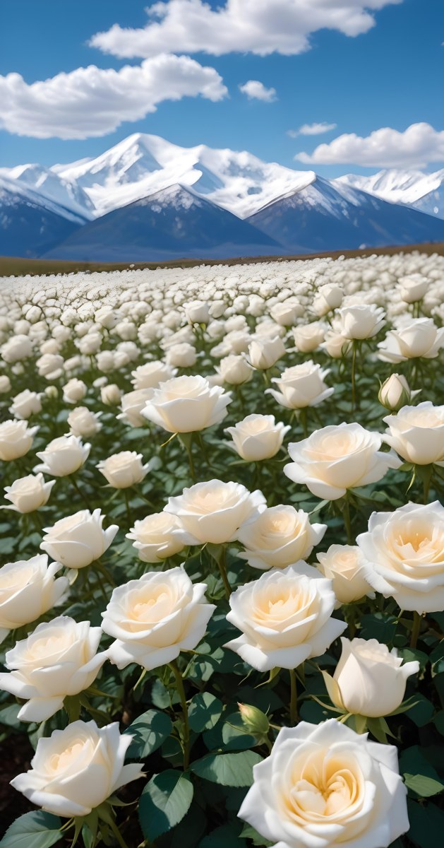 A Vast Field Of White Roses Under A Bright Blue Sky With Fluffy White Clouds In The Background Snow Capped Mountains Are Visible Creating A Picturesque Landscape Filled With Blooming Flowers 4 A990