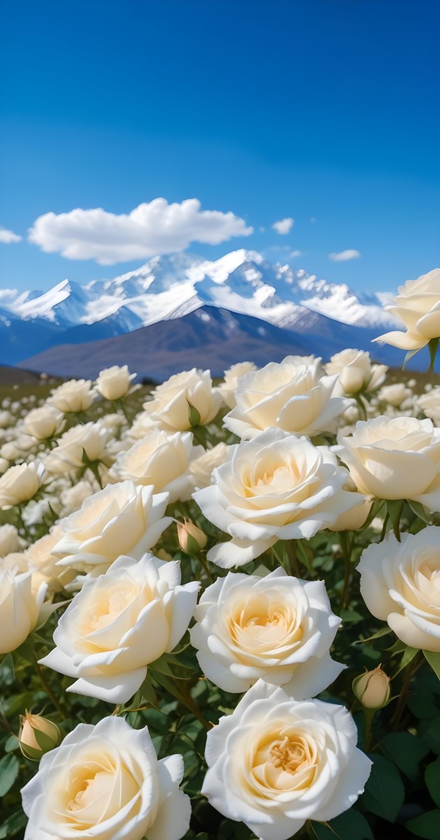 A Vast Field Of White Roses Under A Bright Blue Sky With Fluffy White Clouds In The Background Snow Capped Mountains Are Visible Creating A Picturesque Landscape Filled With Blooming Flowers 6 8297