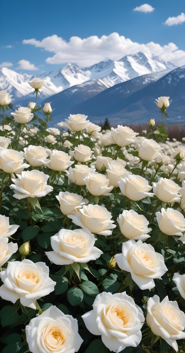 A Vast Field Of White Roses Under A Bright Blue Sky With Fluffy White Clouds In The Background Snow Capped Mountains Are Visible Creating A Picturesque Landscape Filled With Blooming Flowers 7 6fe0