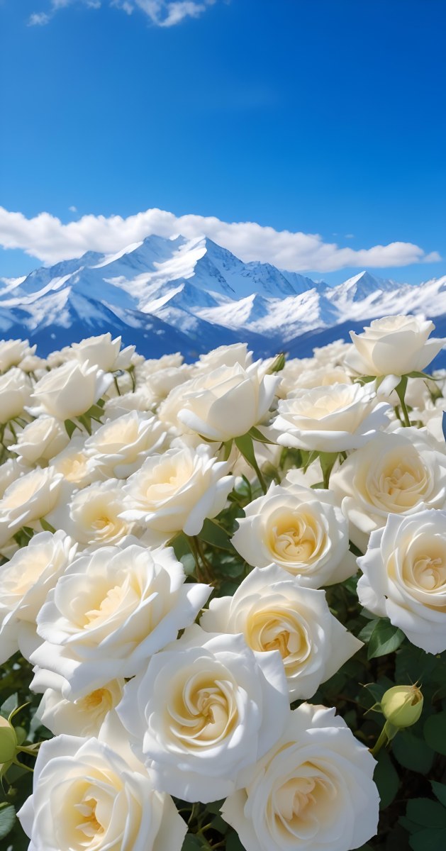 A Vast Field Of White Roses Under A Bright Blue Sky With Fluffy White Clouds In The Background Snow Capped Mountains Are Visible Creating A Picturesque Landscape Filled With Blooming Flowers 8 581d