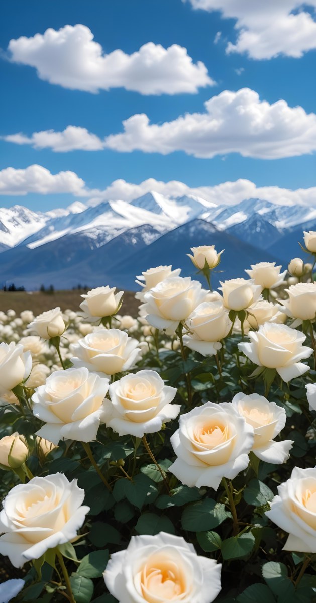 A Vast Field Of White Roses Under A Bright Blue Sky With Fluffy White Clouds In The Background Snow Capped Mountains Are Visible Creating A Picturesque Landscape Filled With Blooming Flowers 9 9b19