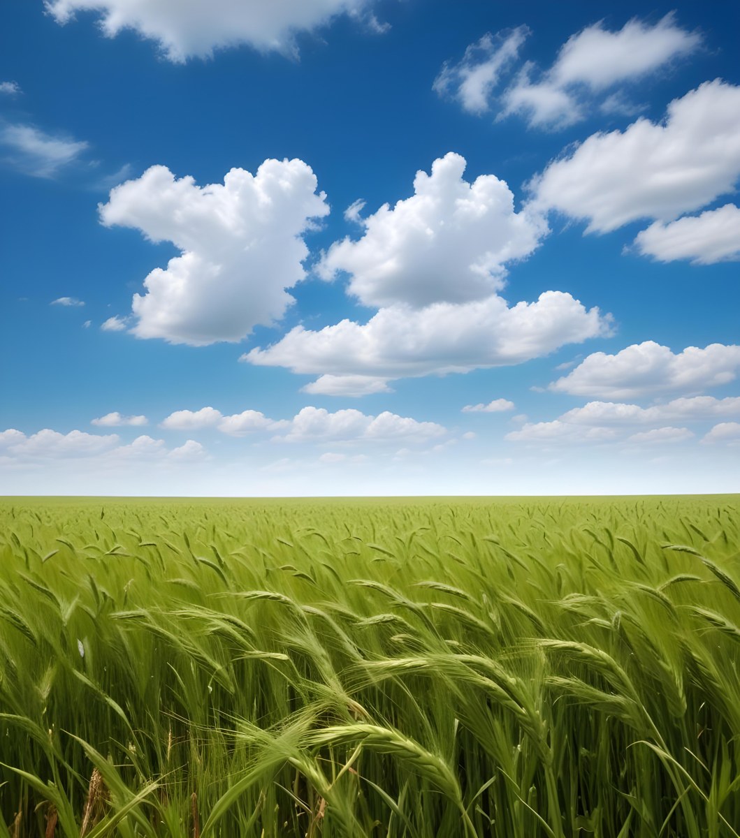 A Vast Green Wheat Field Under A Bright Blue Sky With Fluffy White Clouds 3 D6d9