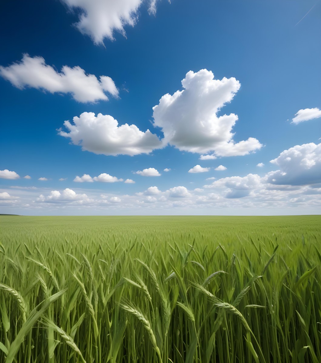 A Vast Green Wheat Field Under A Bright Blue Sky With Fluffy White Clouds 32 0a46