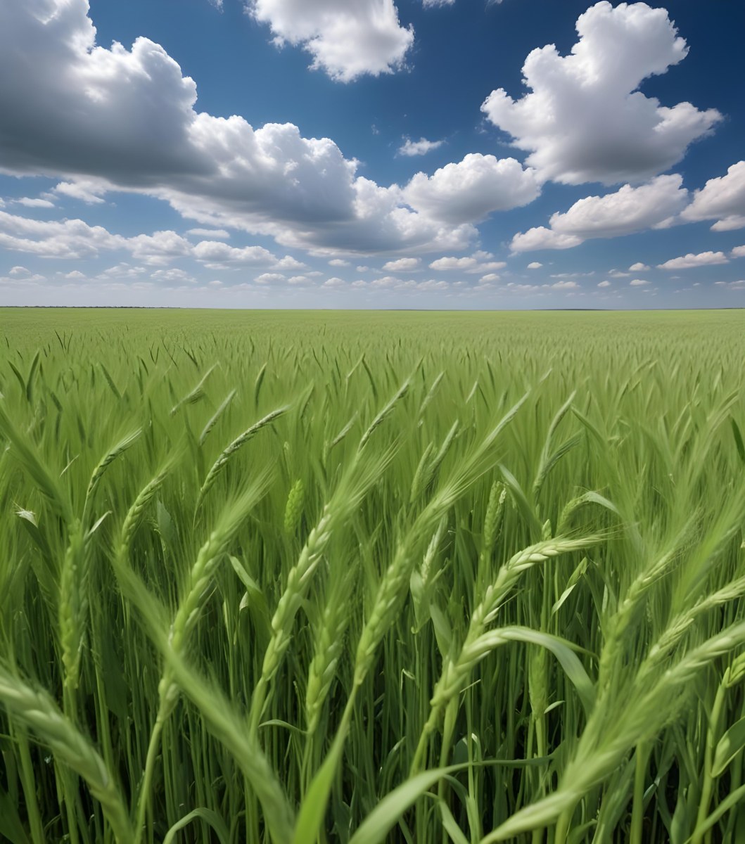 A Vast Green Wheat Field Under A Bright Blue Sky With Fluffy White Clouds 33 E933