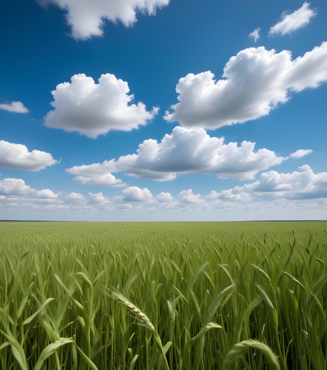 A Vast Green Wheat Field Under A Bright Blue Sky With Fluffy White Clouds 34 F5cc