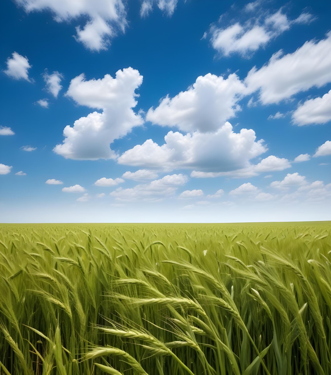 A Vast Green Wheat Field Under A Bright Blue Sky With Fluffy White Clouds 5 F8a3