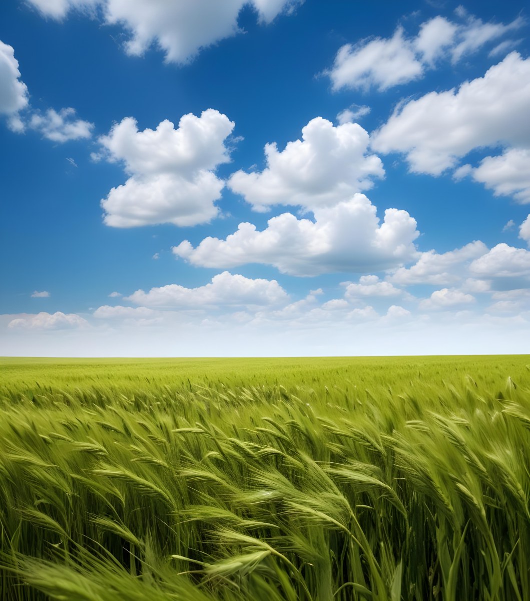 A Vast Green Wheat Field Under A Bright Blue Sky With Fluffy White Clouds 7 D5b4