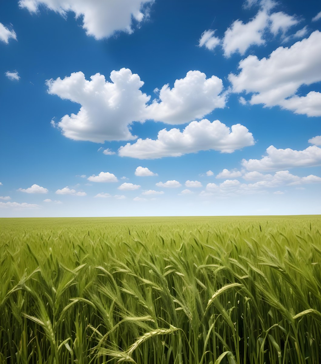 A Vast Green Wheat Field Under A Bright Blue Sky With Fluffy White Clouds 9 E38a