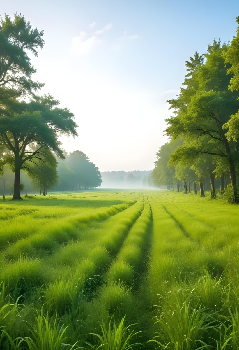 A Vibrant Green Field With Lush Grass Flanked By Tall Trees With Green Leaves Leading To A Bright Hazy Horizon In A Natural Environment 18 E1b3