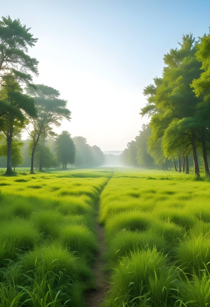 A Vibrant Green Field With Lush Grass Flanked By Tall Trees With Green Leaves Leading To A Bright Hazy Horizon In A Natural Environment 25 5fd8
