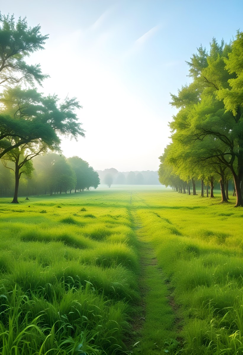 A Vibrant Green Field With Lush Grass Flanked By Tall Trees With Green Leaves Leading To A Bright Hazy Horizon In A Natural Environment 28 A556