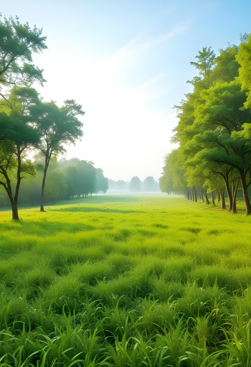 A Vibrant Green Field With Lush Grass Flanked By Tall Trees With Green Leaves Leading To A Bright Hazy Horizon In A Natural Environment 37 D993
