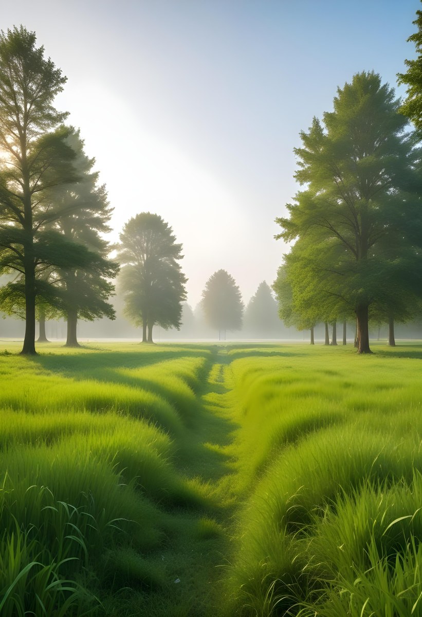 A Vibrant Green Field With Lush Grass Flanked By Tall Trees With Green Leaves Leading To A Bright Hazy Horizon In A Natural Environment 5 86de