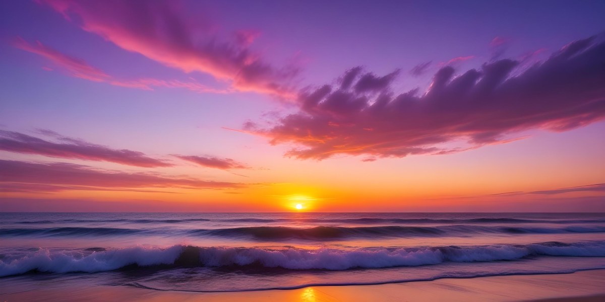 A Vibrant Sunset Over The Ocean With The Sun Dipping Below The Horizon The Sky Is Filled With Shades Of Purple Pink And Orange Creating A Stunning And Dramatic Scene The Waves Are Gently Lapping At The Shore 13 239b