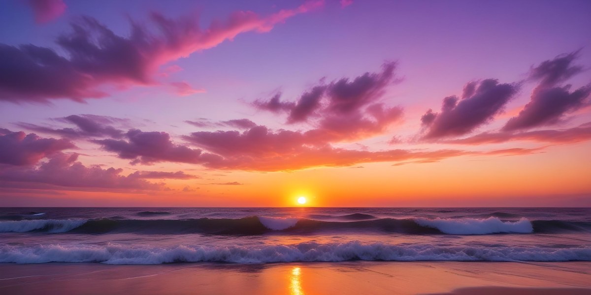 A Vibrant Sunset Over The Ocean With The Sun Dipping Below The Horizon The Sky Is Filled With Shades Of Purple Pink And Orange Creating A Stunning And Dramatic Scene The Waves Are Gently Lapping At The Shore 24 3537