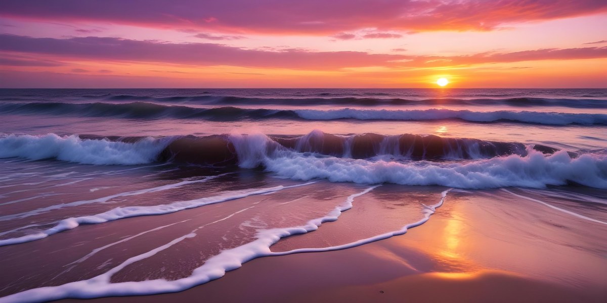 A Vibrant Sunset Over The Ocean With The Sun Dipping Below The Horizon The Sky Is Filled With Shades Of Purple Pink And Orange Creating A Stunning And Dramatic Scene The Waves Are Gently Lapping At The Shore 25 2e3a