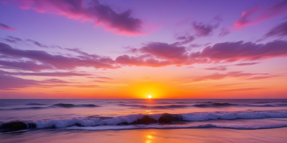 A Vibrant Sunset Over The Ocean With The Sun Dipping Below The Horizon The Sky Is Filled With Shades Of Purple Pink And Orange Creating A Stunning And Dramatic Scene The Waves Are Gently Lapping At The Shore 39 5632