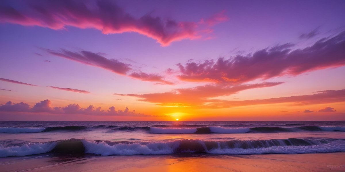 A Vibrant Sunset Over The Ocean With The Sun Dipping Below The Horizon The Sky Is Filled With Shades Of Purple Pink And Orange Creating A Stunning And Dramatic Scene The Waves Are Gently Lapping At The Shore 41 E771